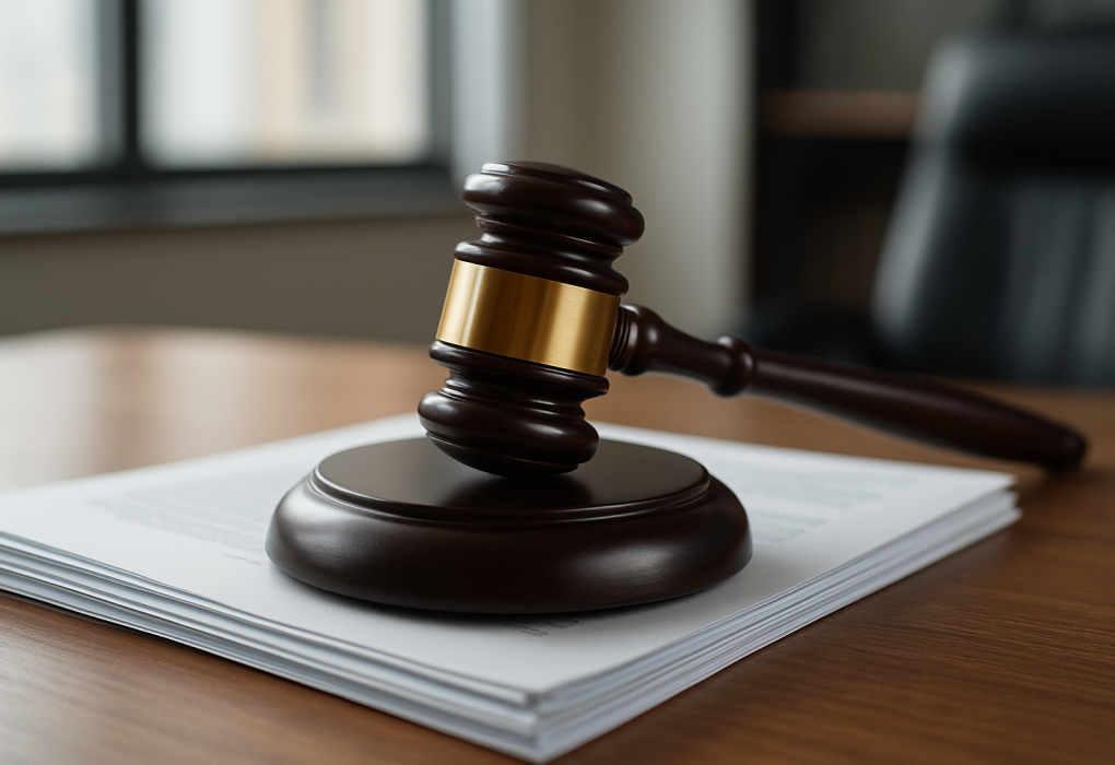 Close-up of a wooden gavel with a gold band on a stack of legal documents