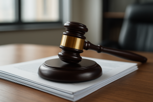 Close-up of a wooden gavel with a gold band on a stack of legal documents